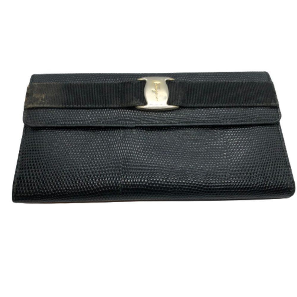 Authentic Salvatore Ferragamo Black Textured Leather Long Double Sided Wallet